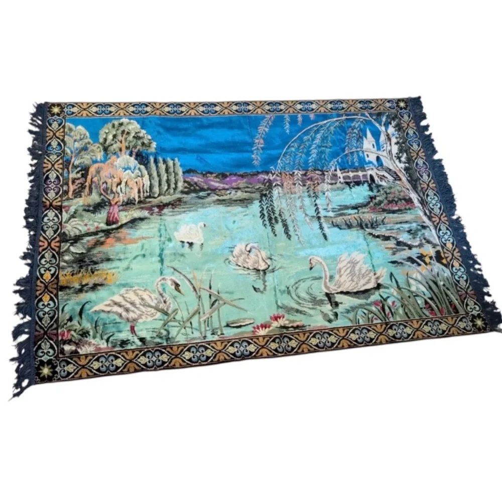 Vintage Large Velvet Elegant Swan Lake and Landscape Tapestry with Fringe